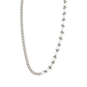 Silver stainless steel necklace featuring Cuban links and knotted paperclip chain style