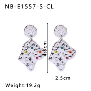 Detailed view of silver lava textured earrings with colorful stones and measurements