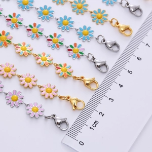 Close-up of 10mm colorful daisy charms on stainless steel chains with lobster clasp