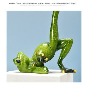 Macro detail of a green yoga frog figurine with textured skin and gold accents