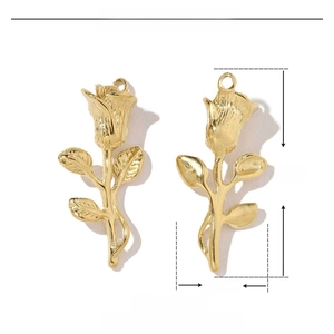 Macro view of 3D rose flower pendant in gold finish with technical measurements