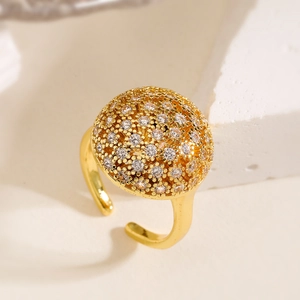 Detailed close-up of 18K gold plated geometric ring with pave-set sparkling cubic zirconia