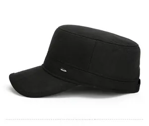 Detail of black military flat top hat showing side view with silver decorative metal buckle