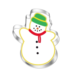 Detail of snowman shaped stainless steel cookie cutter with festive white and green enamel