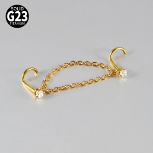 G23 titanium gold double nose chain jewelry with sparkling zircon piercing studs