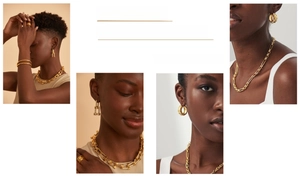 Detailed grid view of gold U-link jewelry set showing necklace and earrings on a model