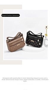 Detail of soft leather crossbody bags featuring quilted patterns and gold zippers