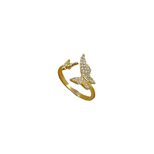 Gold plated butterfly open ring with sparkling cubic zirconia pavé in a minimalist style