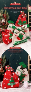 Close-up of red and white knitted Christmas gift bags with festive tree and sock patterns