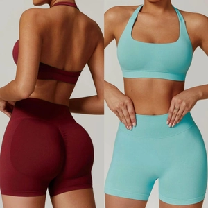 Halter yoga set with high waist seamless shorts and sports bra in burgundy and green