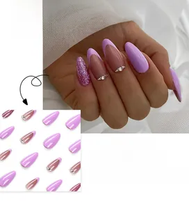Detail of purple French press-on nails with rhinestones and glitter in almond shape