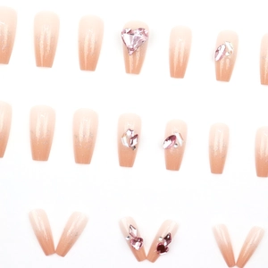 Pink gradient long ballerina press-on nails with sparkling star and heart rhinestones