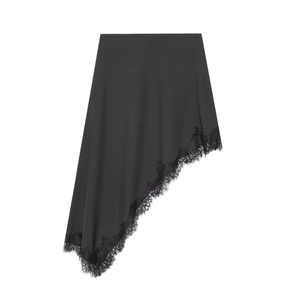 Gonna midi nera asimmetrica con elegante bordo in pizzo e finitura setosa