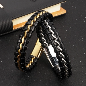 Men's vintage multilayer braided leather and steel wire bracelet with magnetic clasp