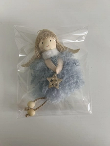 Detail of blue plush Christmas angel ornament with gold glitter wings and wooden bead