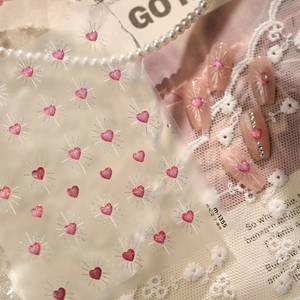 Adesivi per unghie con cuori rosa glitterati M1355 con linee a raggiera su base jelly