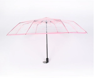 Detail of pink floral transparent umbrella with 8-rib black metal frame structure