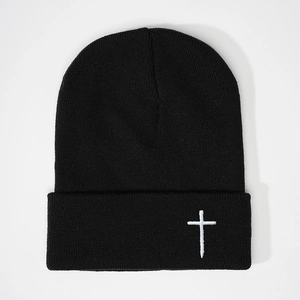 Classic black knitted beanie with white cross embroidery and thickened cuff design