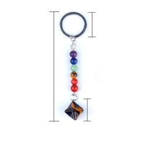 Chakra keychain with 7 natural gemstone beads and tiger eye merkaba star pendant