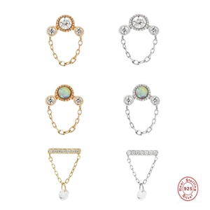 Cartilage Earring 925 Sterling Silver Zirconia Synthetic Opal Tassel Chain Threaded Piercing Stud Minimalist Jewelry