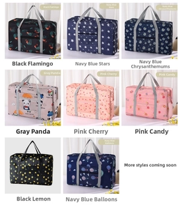 Collage of multi-pattern travel bags showing various prints and foldable storage features