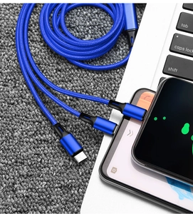 Close-up of blue nylon braided 3-in-1 cable with Type-C, Lightning and Micro-USB connectors