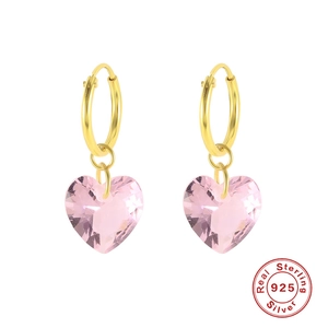 S925 sterling silver gold hoop earrings with pink heart crystal pendants on white background