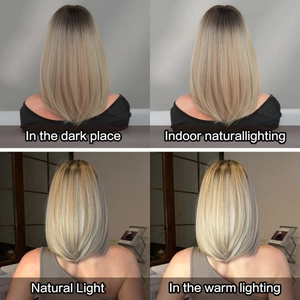 Perruque bob blonde aux épaules affichant la couleur sous quatre éclairages différents