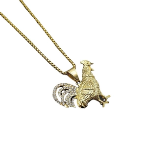 Hip hop rooster pendant necklace in gold finish with sparkling crystals on box chain