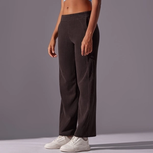 Pantalón de pana marrón oscuro para mujer de pierna ancha con cintura elástica alta