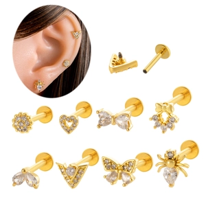 Stainless Steel Cartilage Stud With Zirconia Internally Threaded Flat Back Piercing Jewelry Heart Butterfly Spider Shape