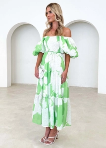 Elegant off-shoulder floral maxi dress with puff sleeves and elasticated bodice