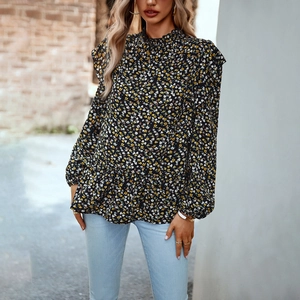 Camicetta In Poliestere Con Stampa Floreale Maniche Lunghe Volant Collo Alto Top Casual Da Donna