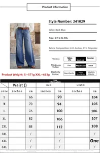 Tableau des tailles pour jeans larges brodés avec détails de tissu et de poids