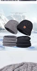 Detailed view of winter knit hat and neck warmer with thick gray fleece lining
