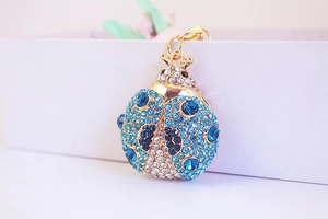 Nahaufnahme von blauem Marienkäfer-Schlüsselanhänger mit Strass und goldenem Metallring