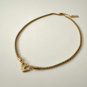 Polished 18k gold plated stainless steel heart pendant necklace with fine box chain link