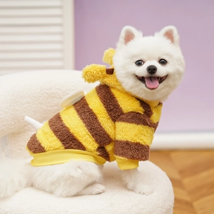 Dettaglio di un costume da ape per cani con strisce gialle e marroni su un piccolo cane bianco