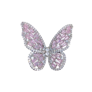 Luxury zircon butterfly open ring in silver with pink and clear stones on white background