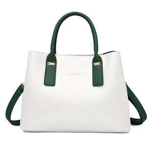 Minimalist white PU leather tote bag with dark green handles and adjustable shoulder strap