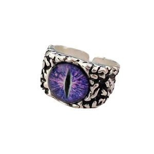 Retro punk purple evil eye adjustable silver textured ring for men in gothic style