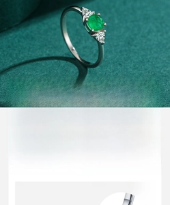 Detail view of silver ring featuring a round green stone and 5A standard cubic zirconia