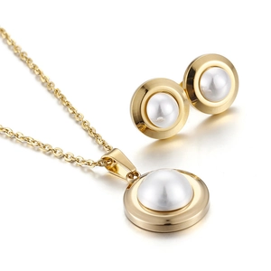 Round Artificial Pearl Pendant Necklace And Stud Earrings 316L Stainless Steel White Geometric Fashion Minimalist For Women