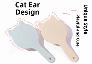 Handheld cat-ear beauty mirrors in blue and cream with round hanging holes