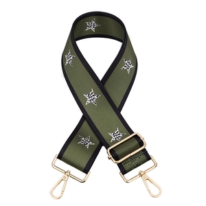 Adjustable green wide bag strap with leopard print star patterns and gold hardware