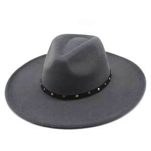 Detail of dark grey wool felt fedora featuring 9.5cm wide brim and silver studded band