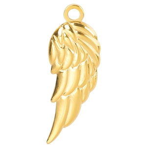 Polished 18k gold plated stainless steel angel wing pendant charm with detailed feathers