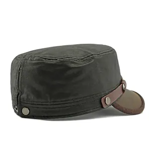Deep brown matte faux leather military cadet hat with brown strap and vintage metal buckle