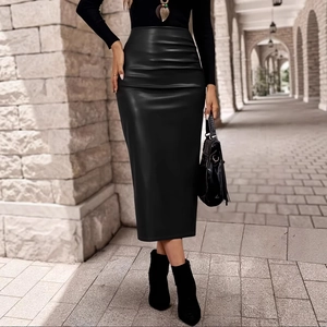Minimalist black high waist PU leather pencil skirt with slit for professional women