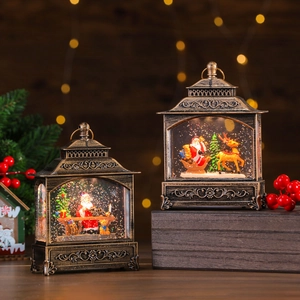 Vintage bronze musical Christmas lanterns with LED lights and swirling snow effects